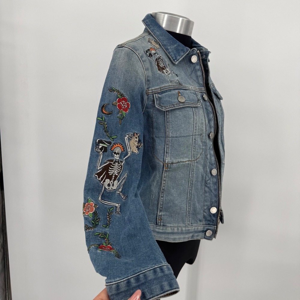 Zadig & Voltaire Zadig Kioky Embroidered Tattoo Denim Jacket Leopard Womens M - Picture 6 of 16
